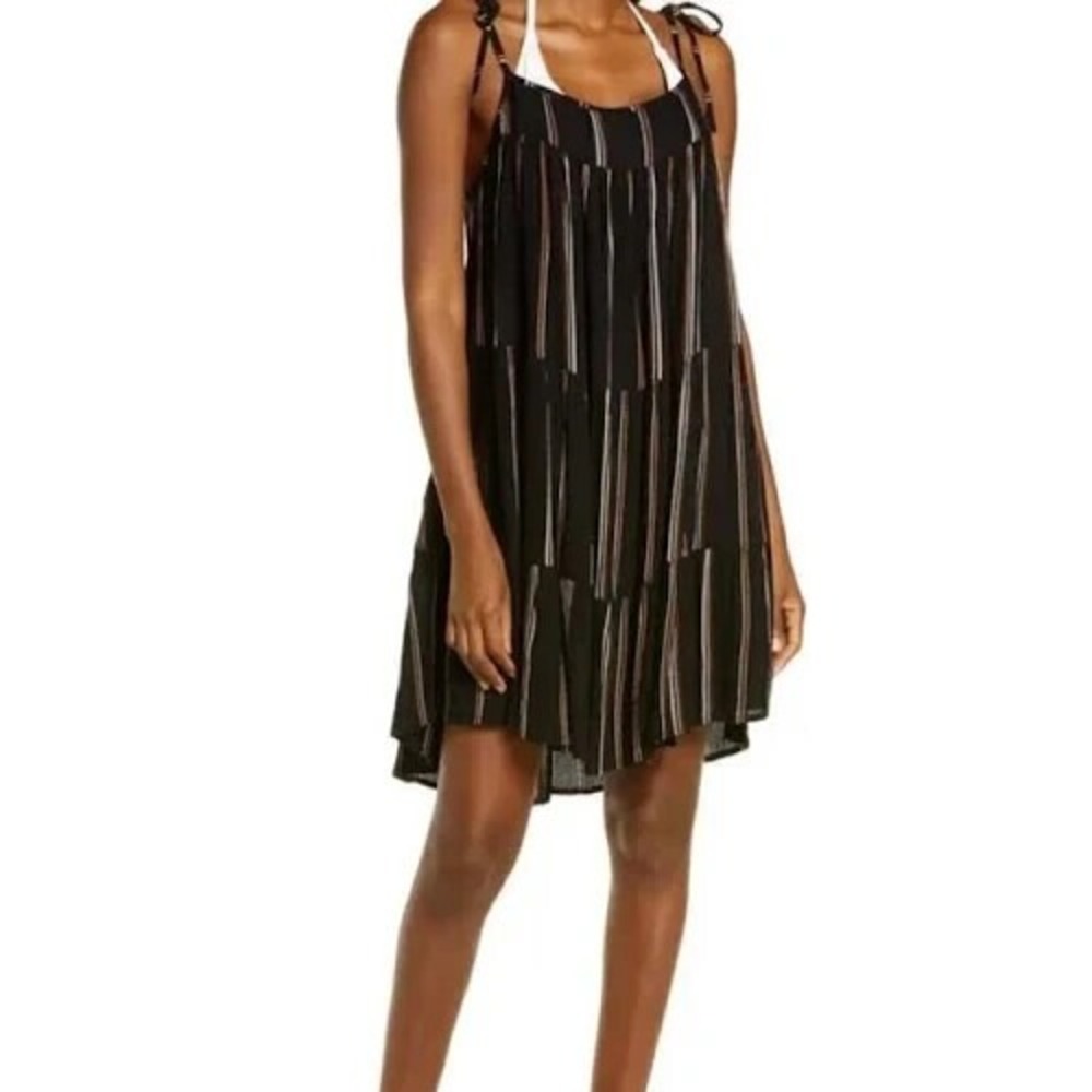 REVEL Women Swim Coverup Layered Mini Sundress Sz M Black Resort Beach 65-10